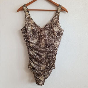 Vtg Lands End Womens 12 One Piece Swimsuit Ruched Underwire Bust Brown Floral